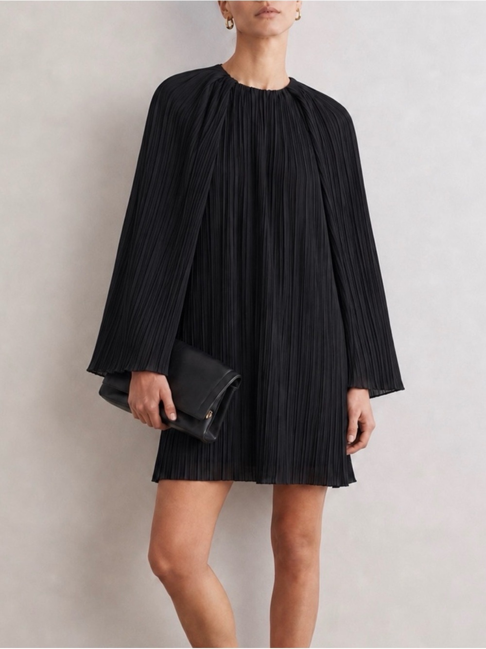 COS Black Long Sleeve Plisse Mini Dress Size US 6 Cocktail Party Wedding